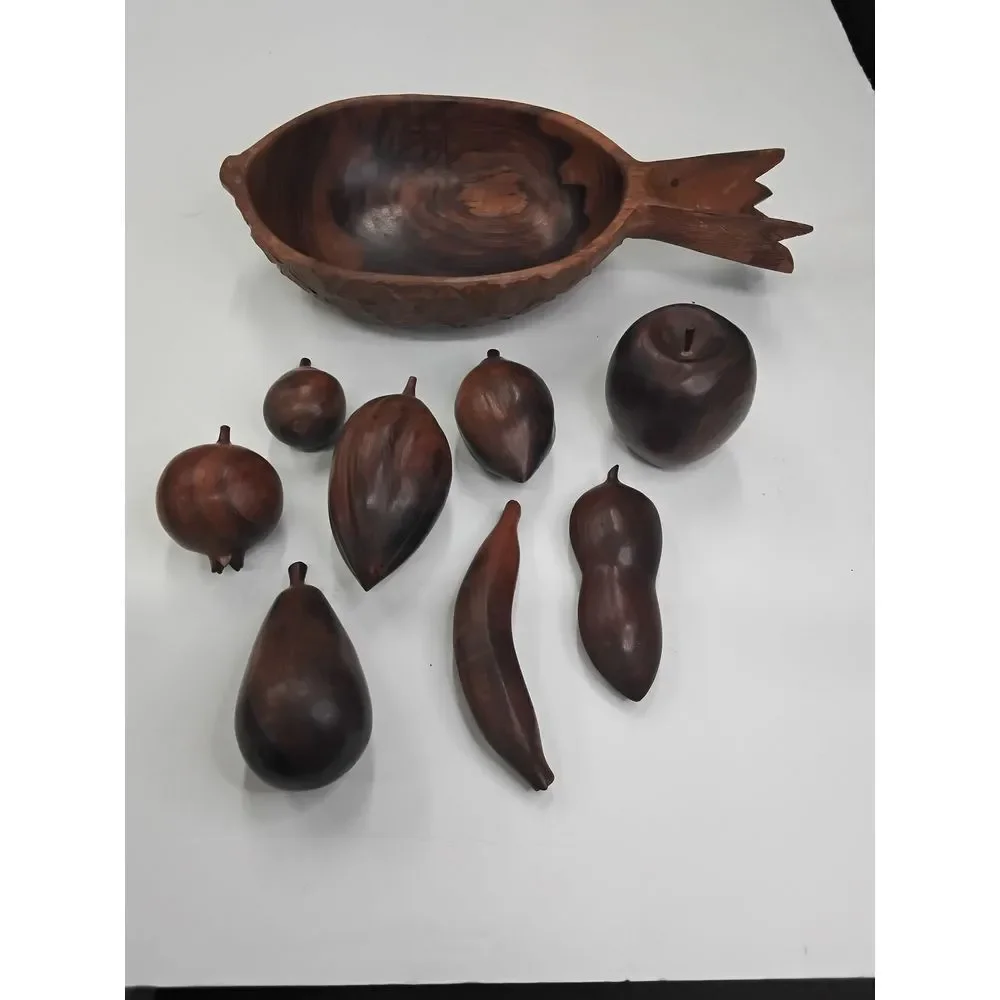 Carved Wooden Fruit Bowl Set Decorative Carved Pineapple Design w/8 Fruit Pieces